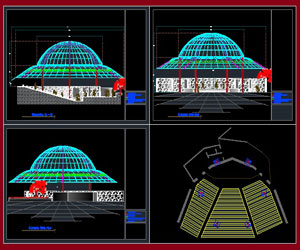 طراحی سقف آمفی تئاتر به همراه پلان،نما،مقطع در اتوکد